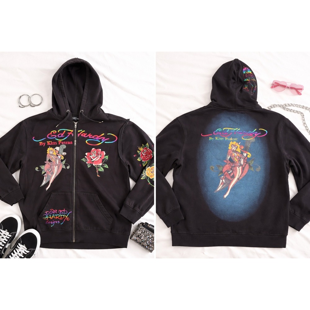 Ed Hardy Kim Petras Hoodie XL Y2K Tattoo‎ Graphic Zip Up Goth Streetwear